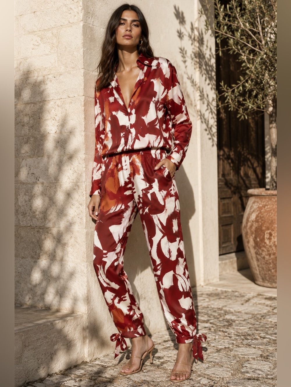 2PCs Relaxed Satin Tie-Hem Set - Brown/White - Picture 3 of 4